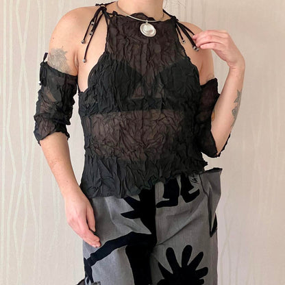 Late 90s / Y2K Biche de Bère Crinkle Sheer Top with Detachable Sleeves