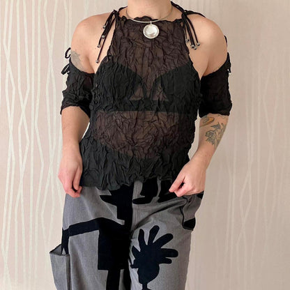 Late 90s / Y2K Biche de Bère Crinkle Sheer Top with Detachable Sleeves