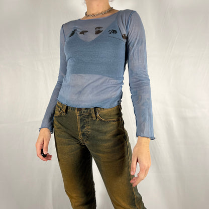 Y2K Marithé + François Girbaud Graphic Mesh Long Sleeve Top – Archive Print