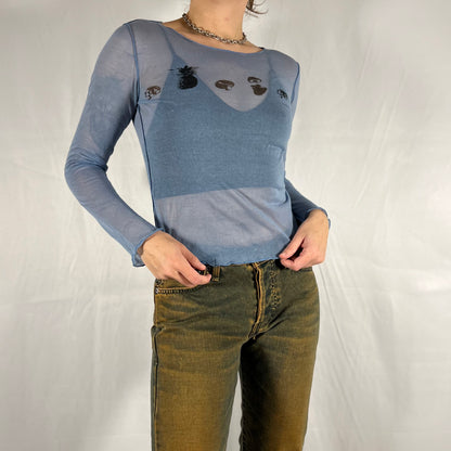 Y2K Marithé + François Girbaud Graphic Mesh Long Sleeve Top – Archive Print