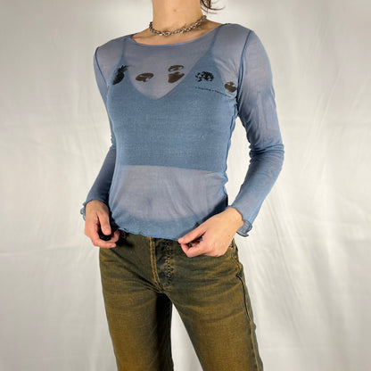Y2K Marithé + François Girbaud Graphic Mesh Long Sleeve Top – Archive Print