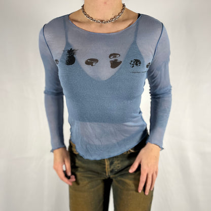 Y2K Marithé + François Girbaud Graphic Mesh Long Sleeve Top – Archive Print