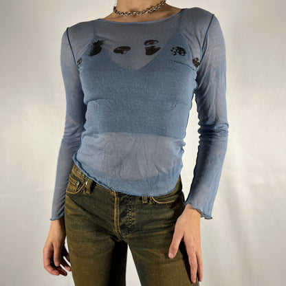 Y2K Marithé + François Girbaud Graphic Mesh Long Sleeve Top – Archive Print