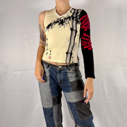 Y2K Custo Barcelona One-Sleeve Graphic Bamboo Top – Asymmetrical Patchwork