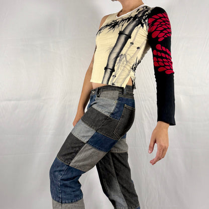 Y2K Custo Barcelona One-Sleeve Graphic Bamboo Top – Asymmetrical Patchwork