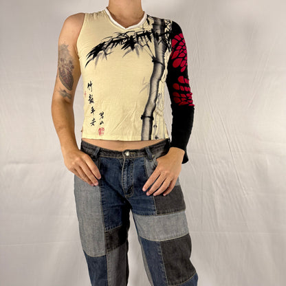 Y2K Custo Barcelona One-Sleeve Graphic Bamboo Top – Asymmetrical Patchwork