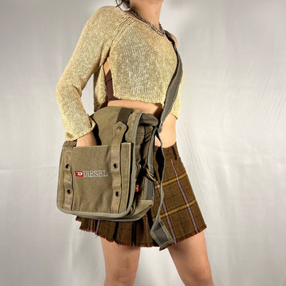 Y2K Diesel Utility Cargo Bag Canvas and Leather Techwear Unisex Gorpcore Messenger Bag for School or Work