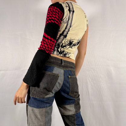 Y2K Custo Barcelona One-Sleeve Graphic Bamboo Top – Asymmetrical Patchwork