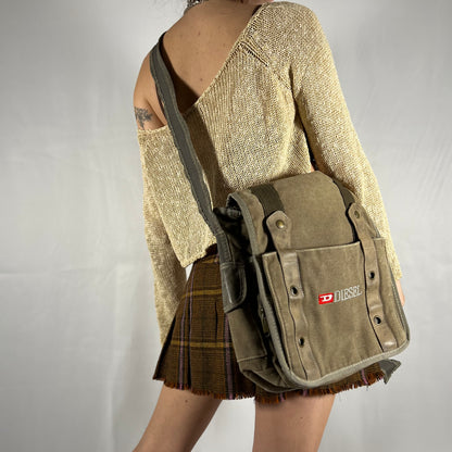Y2K Diesel Utility Cargo Bag Canvas and Leather Techwear Unisex Gorpcore Messenger Bag for School or Work