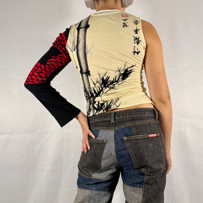 Y2K Custo Barcelona One-Sleeve Graphic Bamboo Top – Asymmetrical Patchwork