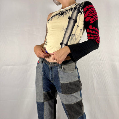 Y2K Custo Barcelona One-Sleeve Graphic Bamboo Top – Asymmetrical Patchwork