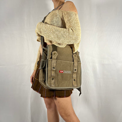 Y2K Diesel Utility Cargo Bag Canvas and Leather Techwear Unisex Gorpcore Messenger Bag for School or Work