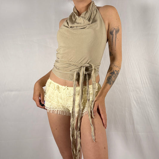 Y2K Halter Top Deconstructed Asymmetrical Tie Up Modular Backless Top Whimsigoth Fairycore Cyber Rave Festival Grunge Cowl Neck Top