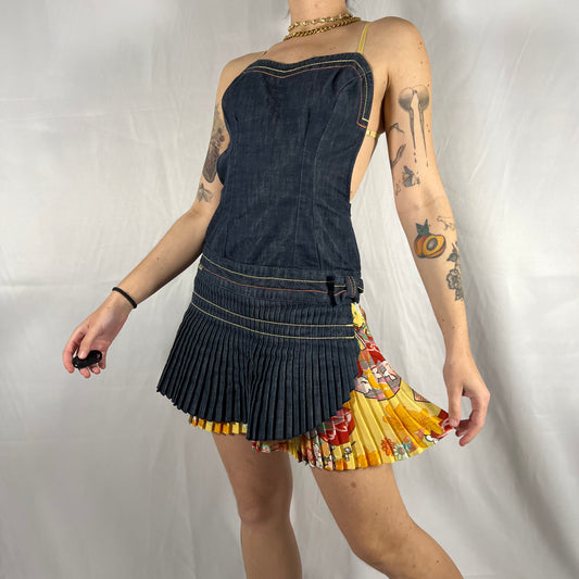 Y2K Killah Miss Sixty Rare Vintage Backless Pleated Denim Mini Dress Coquette Cyber Club Kid Balletcore Ravewear