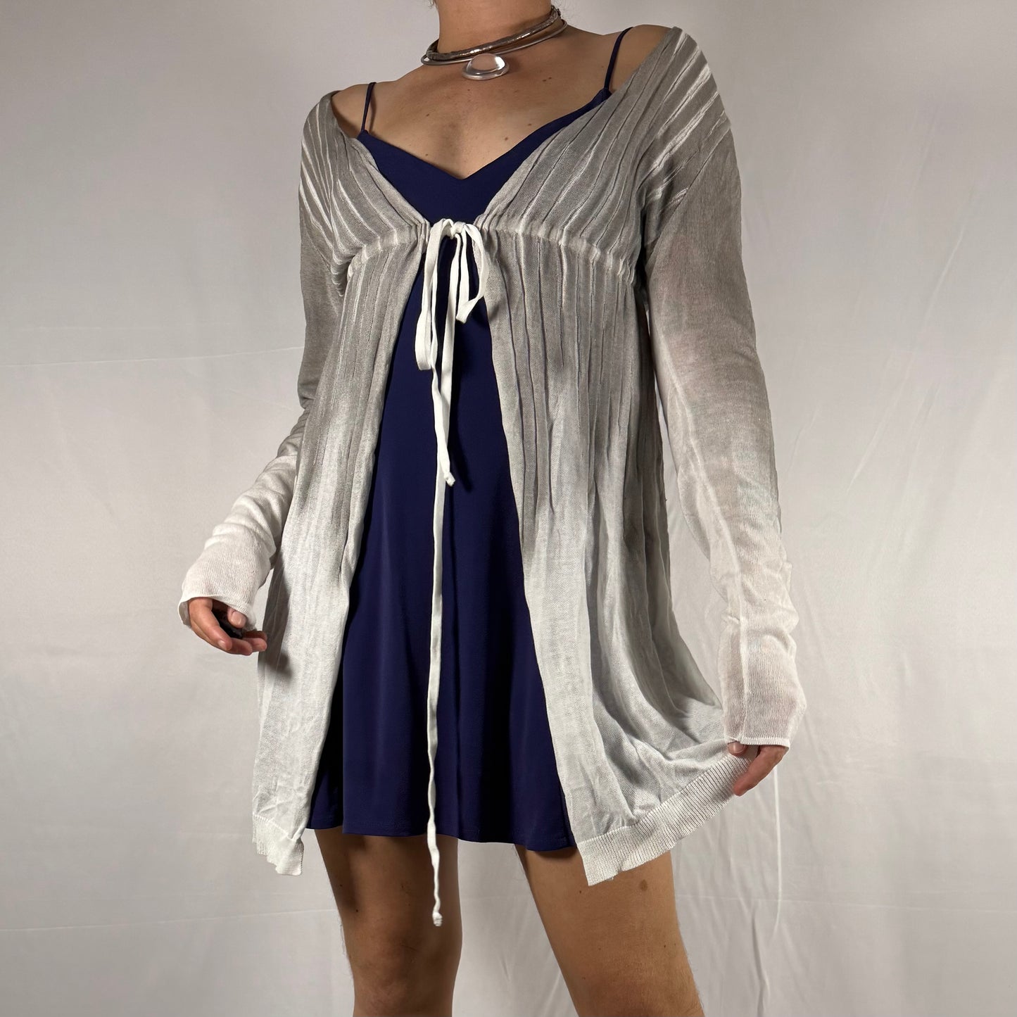 Y2K Sarah Pacini Knit Cardigan Accordion Ombre Knitwear Gathered Minimalist Coquette Umpire Waist Clean Girl Top