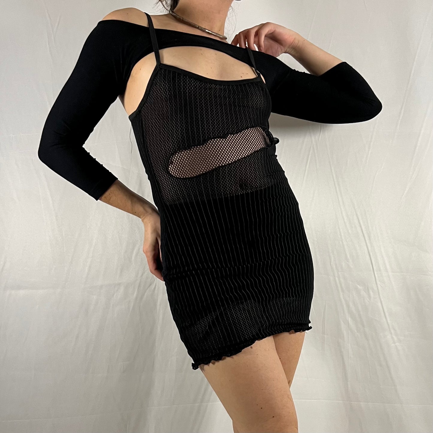 90’s S.D.L. Cyber Goth Layered Fishnet Dress Deconstructed Apocalyptic Rave Whimsigoth Sheer Minidress