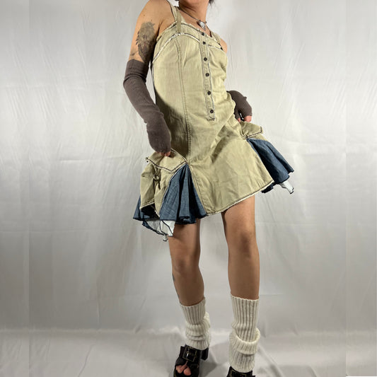 Y2K Marithe Francois Girbaud Deconstructed Utility Cargo Dress Techwear Whimsigoth Apocalyptic Gathered Layered Patchwork Handkerchief Dress