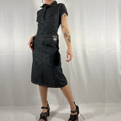 Y2K Cop Copine Utility Cargo Dress Darkwash Denim Techwear Archive Deconstructed Asymmetrical Workwear Midi Dress