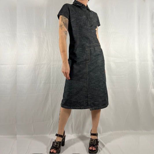 Y2K Cop Copine Utility Cargo Dress Darkwash Denim Techwear Archive Deconstructed Asymmetrical Workwear Midi Dress