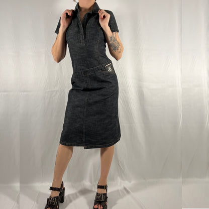 Y2K Cop Copine Utility Cargo Dress Darkwash Denim Techwear Archive Deconstructed Asymmetrical Workwear Midi Dress