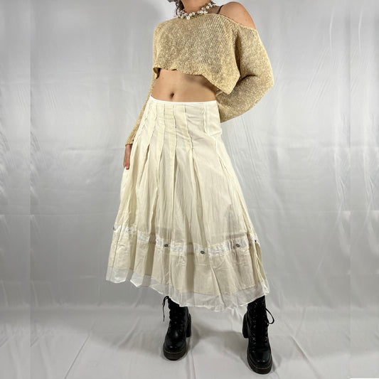 Y2K Cop Copine Coquette Maxi Skirt Balletcore Layered Pastel Angelic Neutral Low Waisted Button Detail Fairy Pleated Skirt