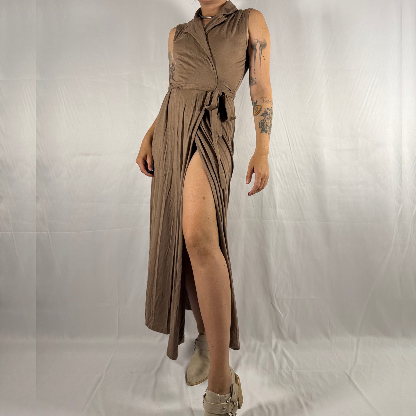 Anthropologie Neutral Wrap Dress Fairy Grunge Minimalist Maxi Dress Clean Girl Long Line Workwear Draped Grecian Summer Dress
