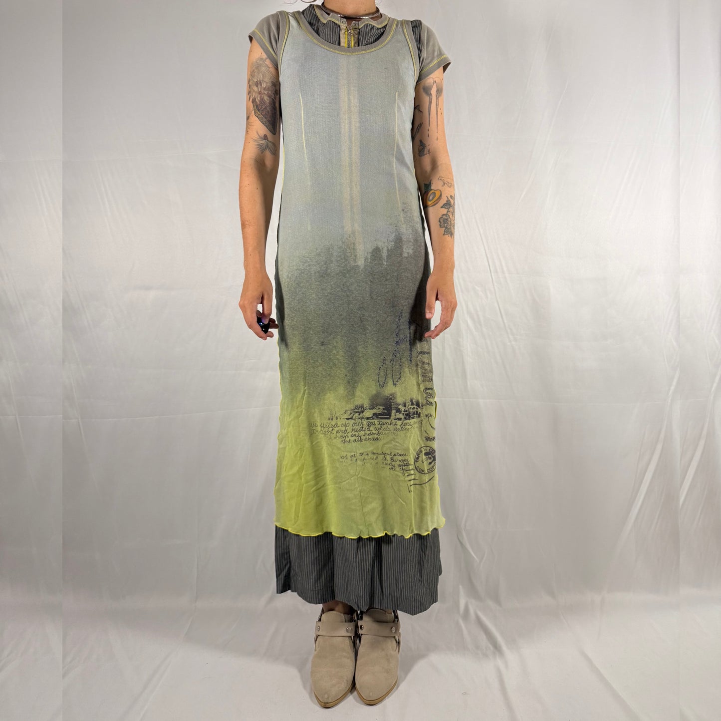 Y2K Cop Copine Two Piece Mesh Dress Archive Techwear Cyber Rave Layered Bi-Material Utility Grunge Maxi Dress