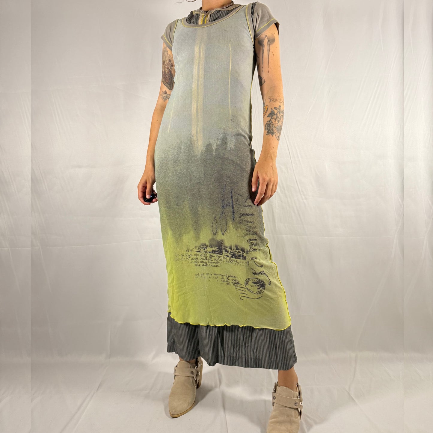 Y2K Cop Copine Two Piece Mesh Dress Archive Techwear Cyber Rave Layered Bi-Material Utility Grunge Maxi Dress