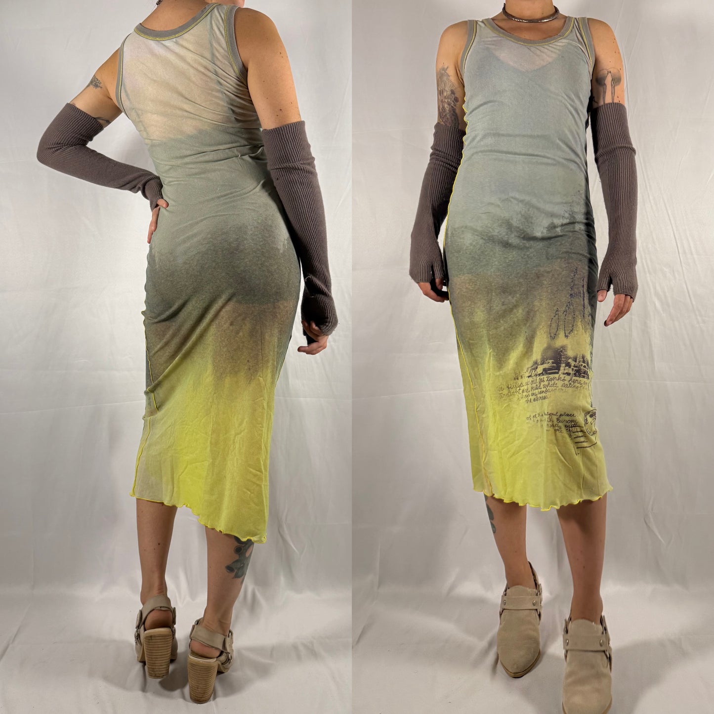 Y2K Cop Copine Two Piece Mesh Dress Archive Techwear Cyber Rave Layered Bi-Material Utility Grunge Maxi Dress