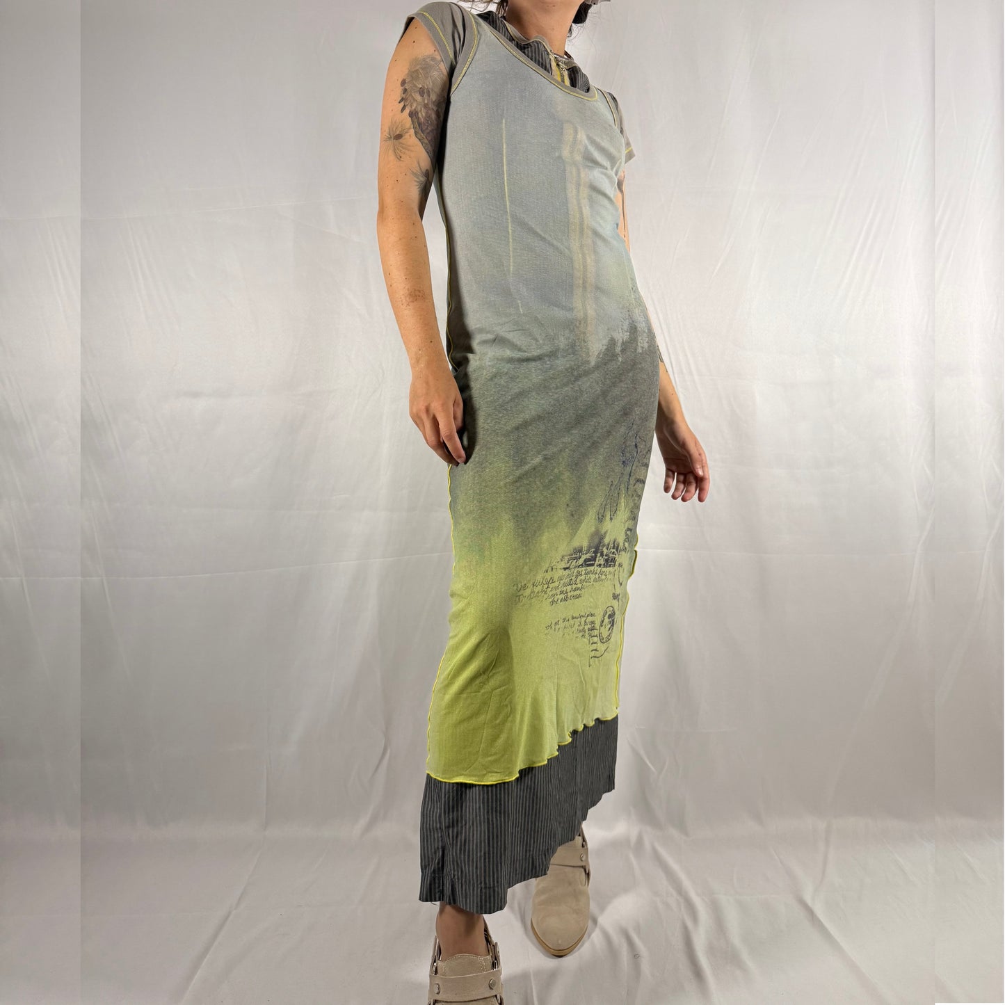 Y2K Cop Copine Two Piece Mesh Dress Archive Techwear Cyber Rave Layered Bi-Material Utility Grunge Maxi Dress