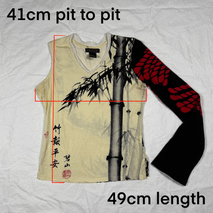 Y2K Custo Barcelona One-Sleeve Graphic Bamboo Top – Asymmetrical Patchwork
