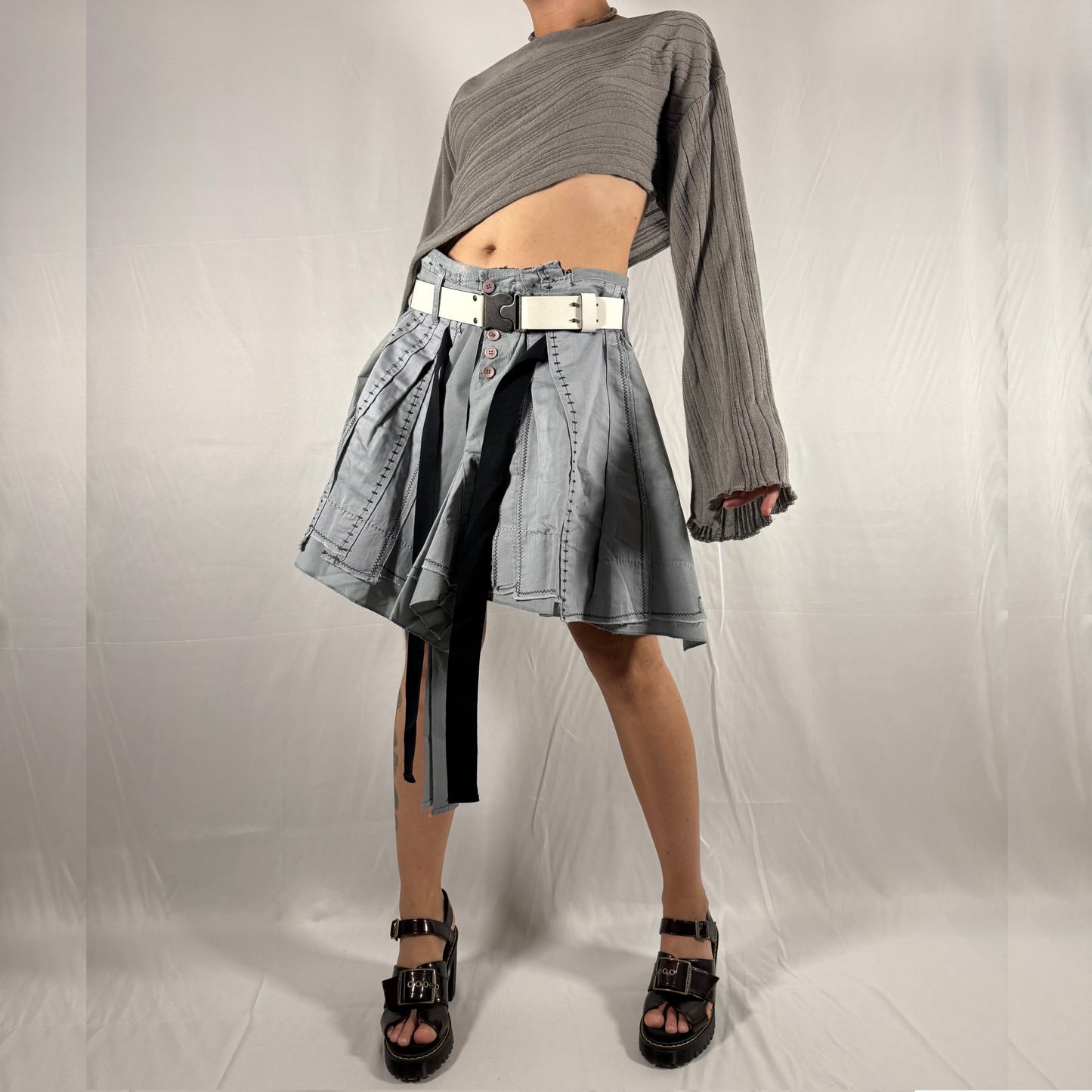Marithe Francois Girbaud Deconstructed Skirt Y2K Apocalypse Gorpcore Whimsigoth Contrast Stitch Patchwork Asymmetrical Layered Ruffle Runway Skirt