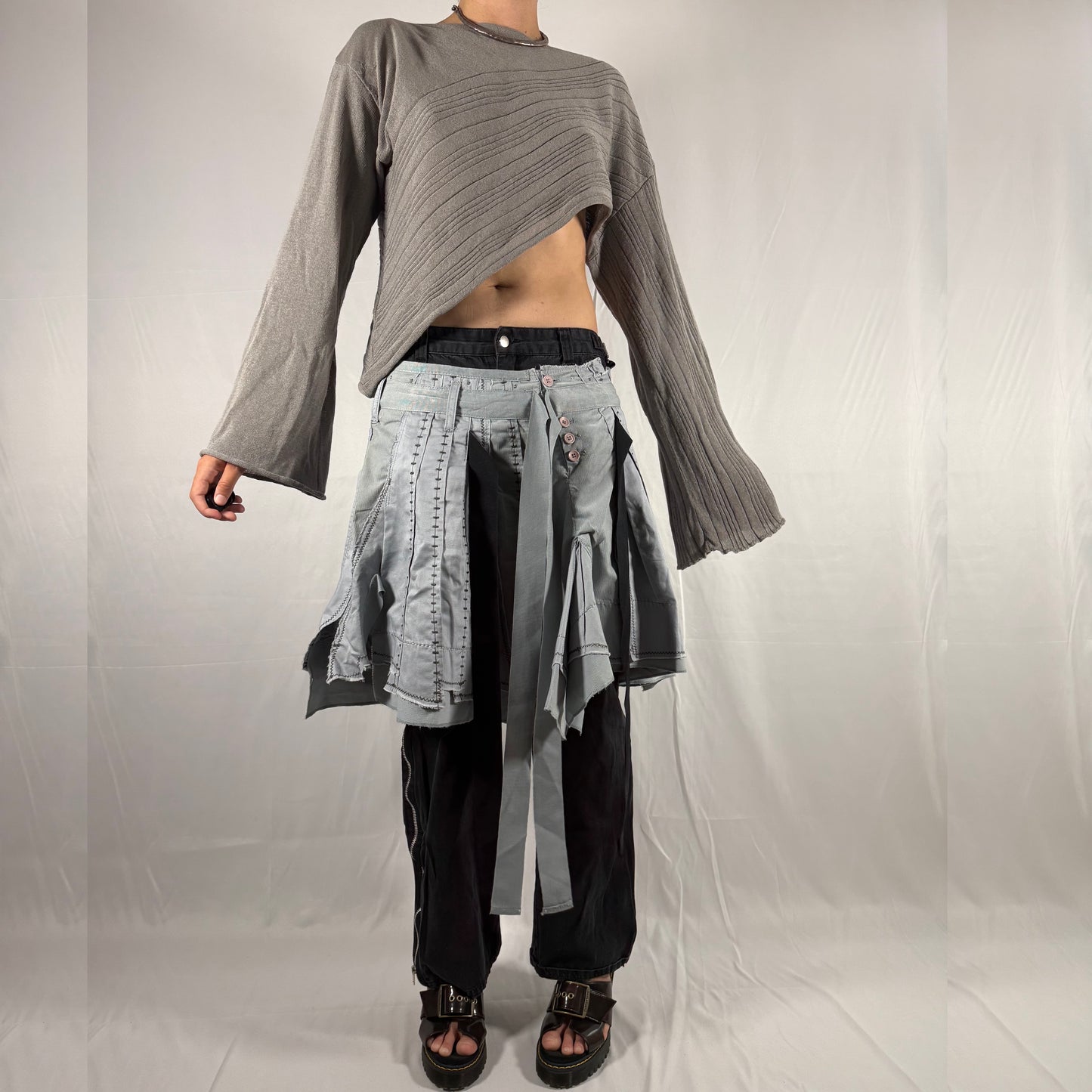 Marithe Francois Girbaud Deconstructed Skirt Y2K Apocalypse Gorpcore Whimsigoth Contrast Stitch Patchwork Asymmetrical Layered Ruffle Runway Skirt