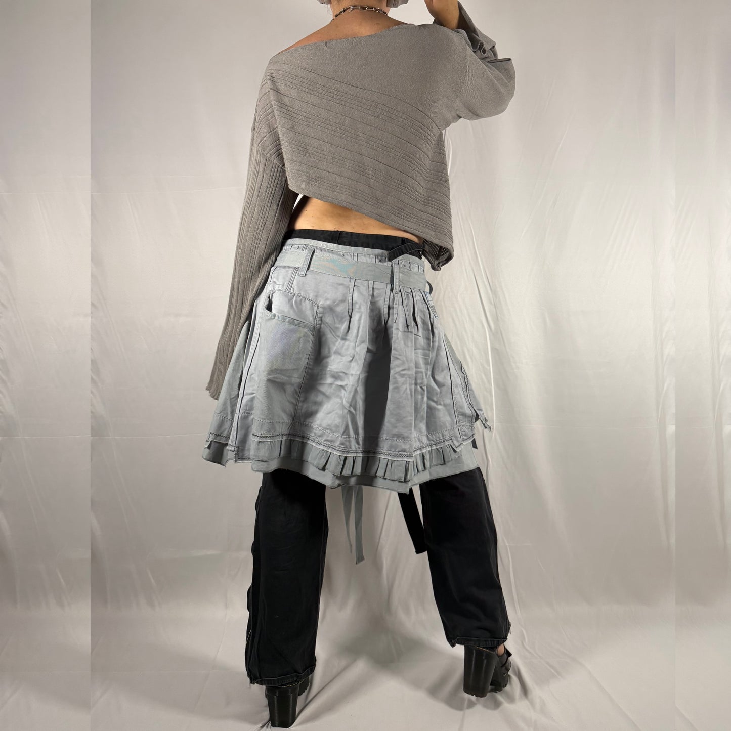 Marithe Francois Girbaud Deconstructed Skirt Y2K Apocalypse Gorpcore Whimsigoth Contrast Stitch Patchwork Asymmetrical Layered Ruffle Runway Skirt