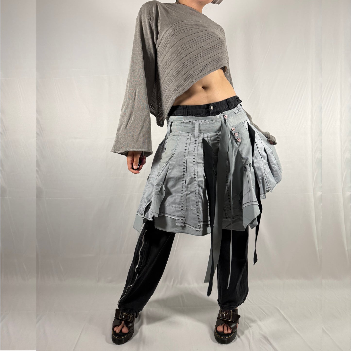 Marithe Francois Girbaud Deconstructed Skirt Y2K Apocalypse Gorpcore Whimsigoth Contrast Stitch Patchwork Asymmetrical Layered Ruffle Runway Skirt