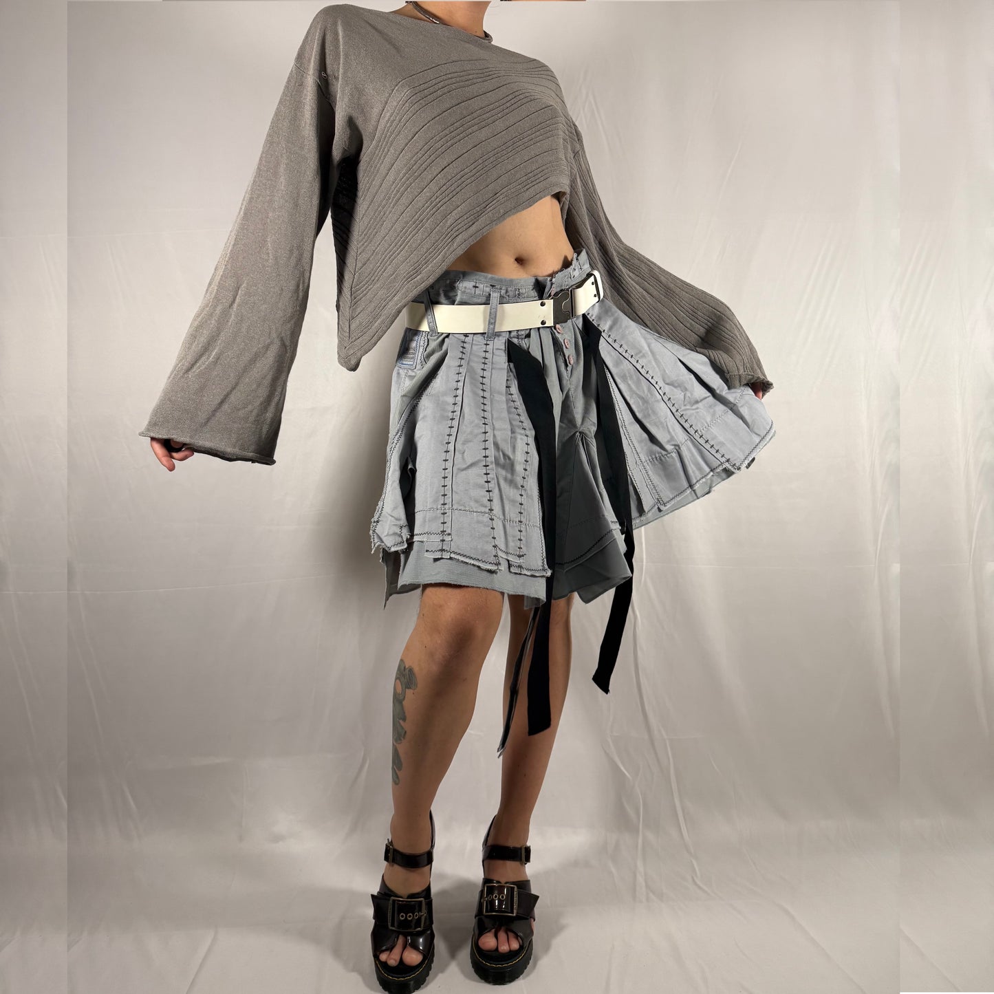 Marithe Francois Girbaud Deconstructed Skirt Y2K Apocalypse Gorpcore Whimsigoth Contrast Stitch Patchwork Asymmetrical Layered Ruffle Runway Skirt