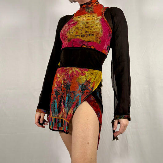 Y2K Save the Queen layered mesh tunic top in multicoloured abstract graphic print, styled on model showing front panel with velvet patchwork, mock neck, and asymmetrical slit hem.