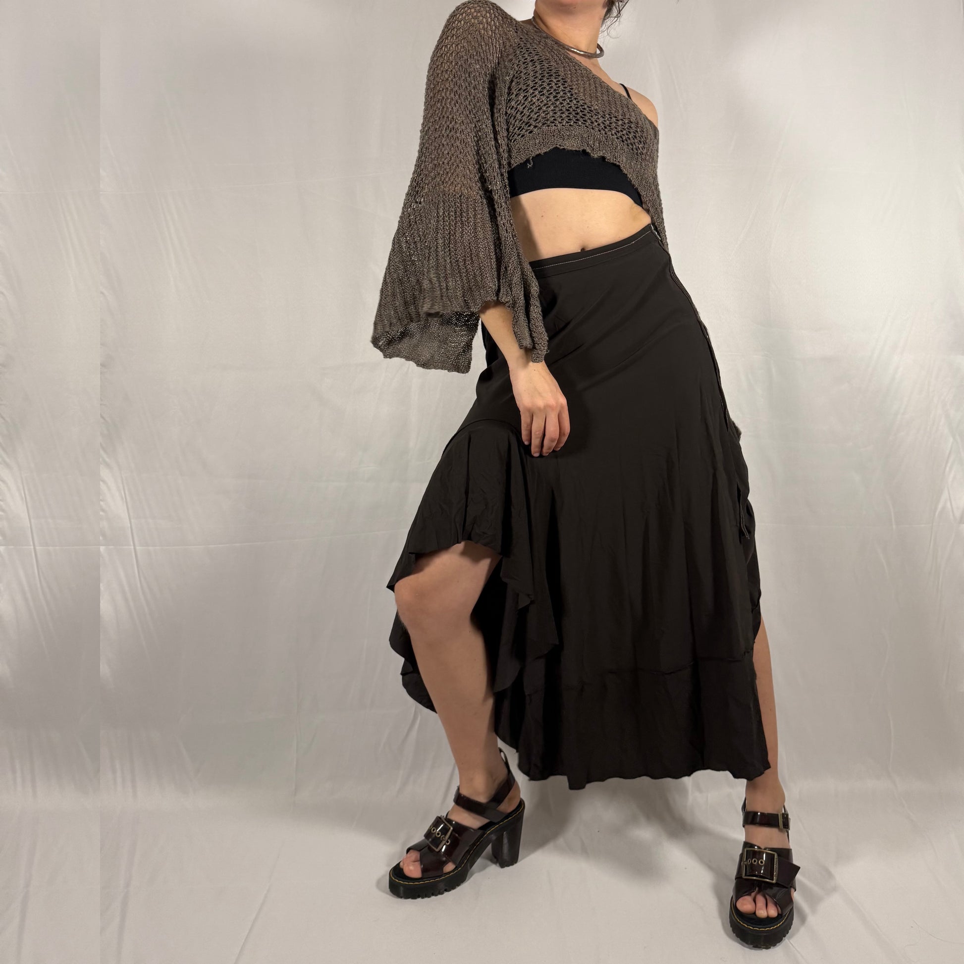 Y2K vintage Marithé + François Girbaud dark neutral deconstructed ruffle wrap skirt, asymmetrical hem, draped silhouette, hook and zip closure