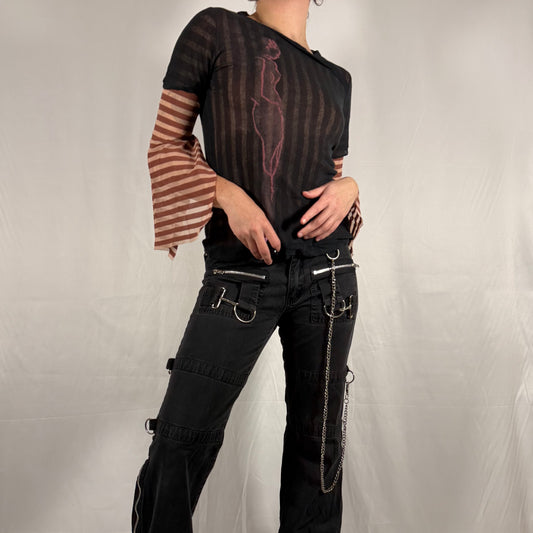 Cop Copine Y2K mesh top with cape sleeves and layered sheer striped design, fitted silhouette
