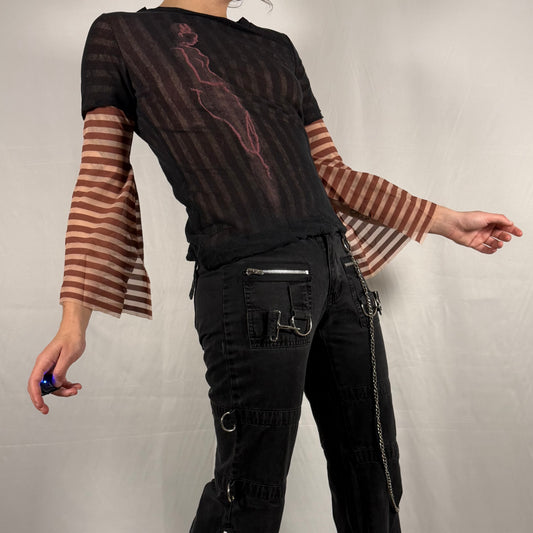 Y2K vintage Cop Copine sheer mesh top with abstract figure print, layered striped fabric, and asymmetrical neckline