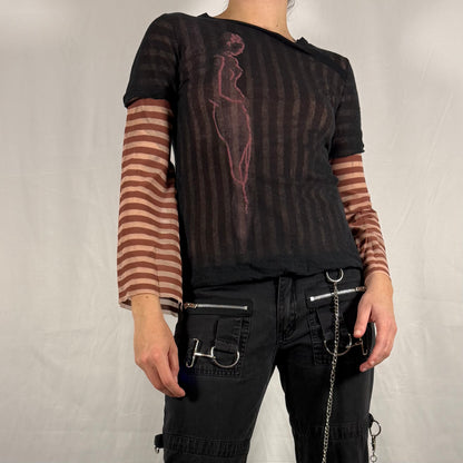 Y2K Vintage Cop Copine Mesh Cape Sleeve Top – Layered Sheer Abstract Print