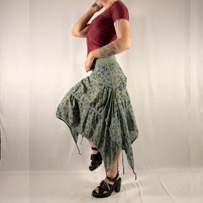 Y2K Vintage Cop Copine Gathered Parachute Skirt – Asymmetrical Floral Midi