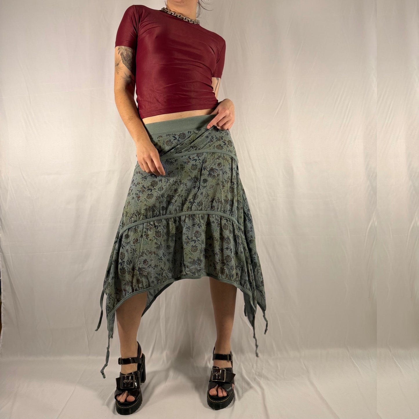 Y2K Vintage Cop Copine Gathered Parachute Skirt – Asymmetrical Floral Midi