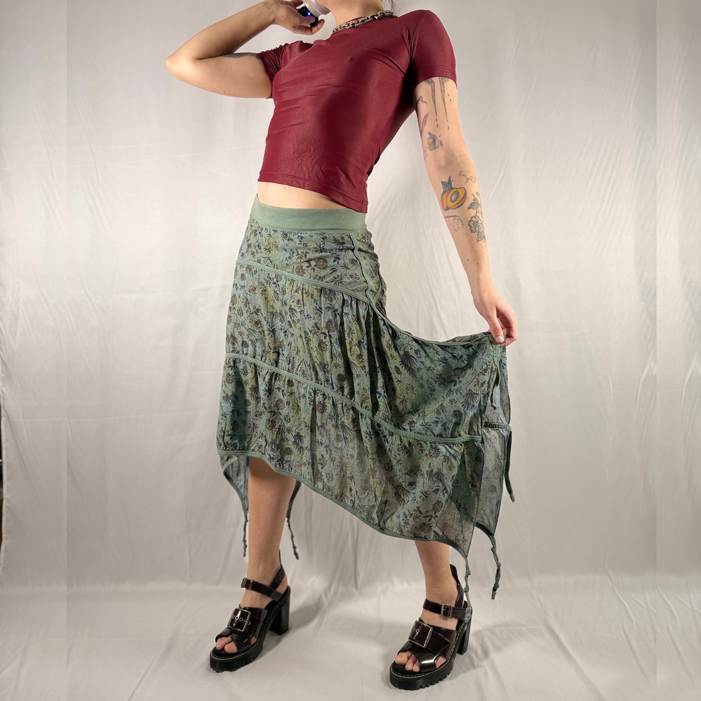Y2K Vintage Cop Copine Gathered Parachute Skirt – Asymmetrical Floral Midi