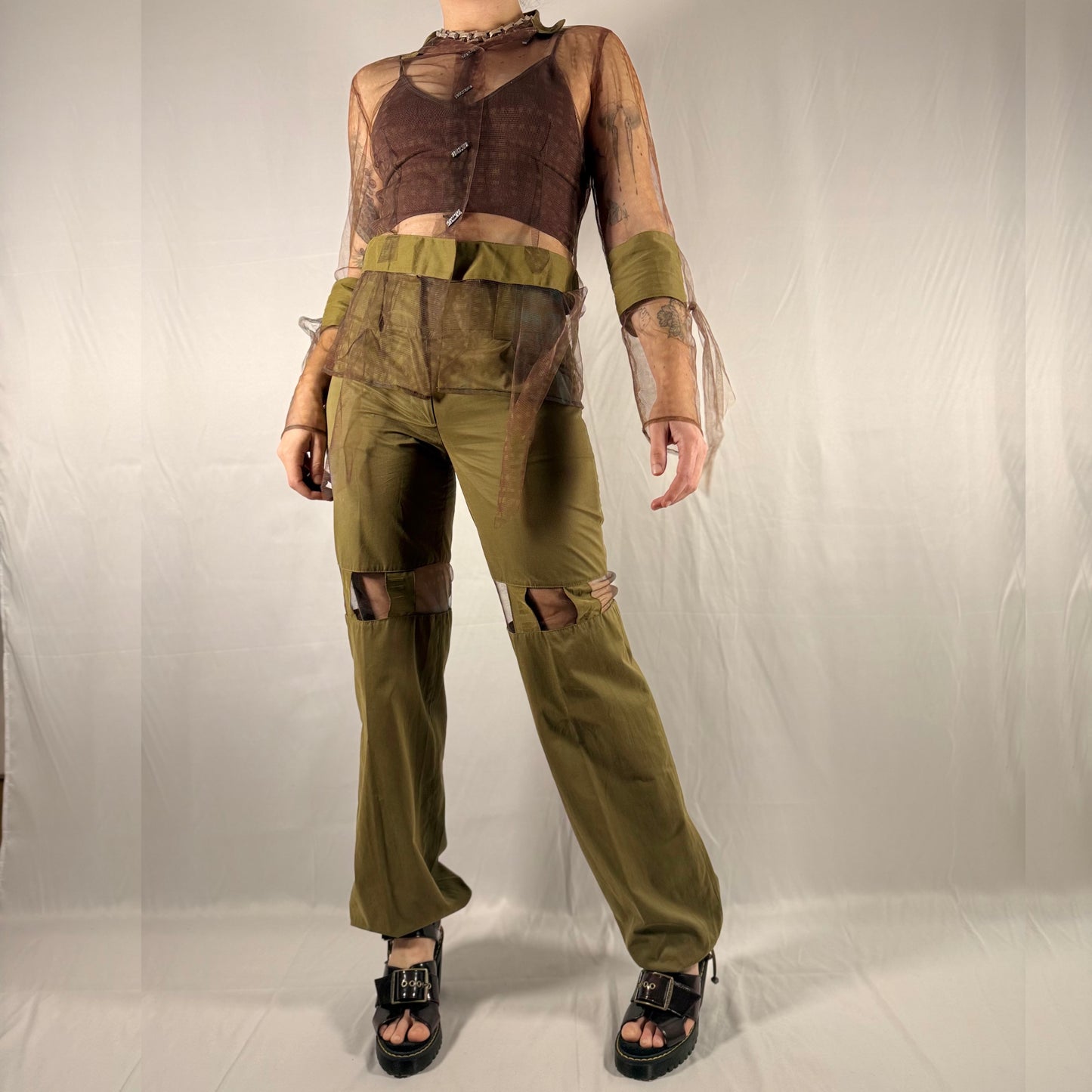 Vintage Y2K Biche de Bere olive green two piece set with sheer mesh button top and high waist mesh panel cargo trousers