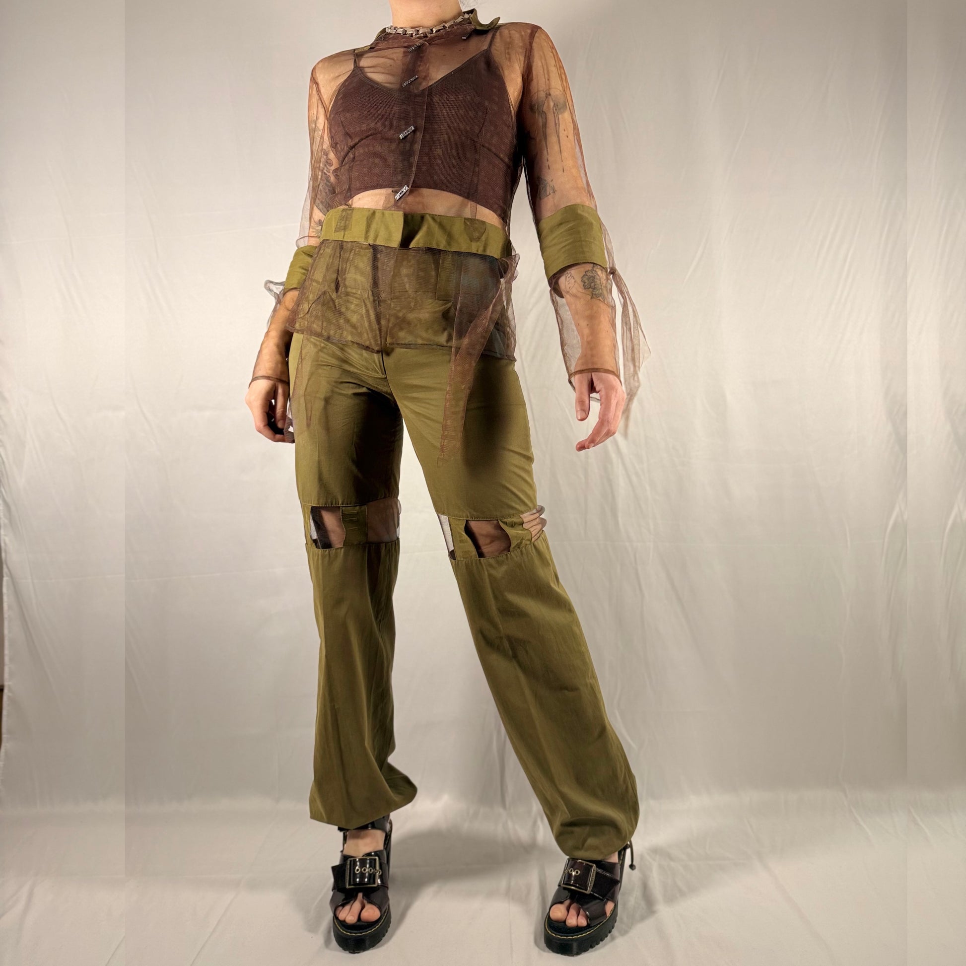 Vintage Y2K Biche de Bere olive green two piece set with sheer mesh button top and high waist mesh panel cargo trousers