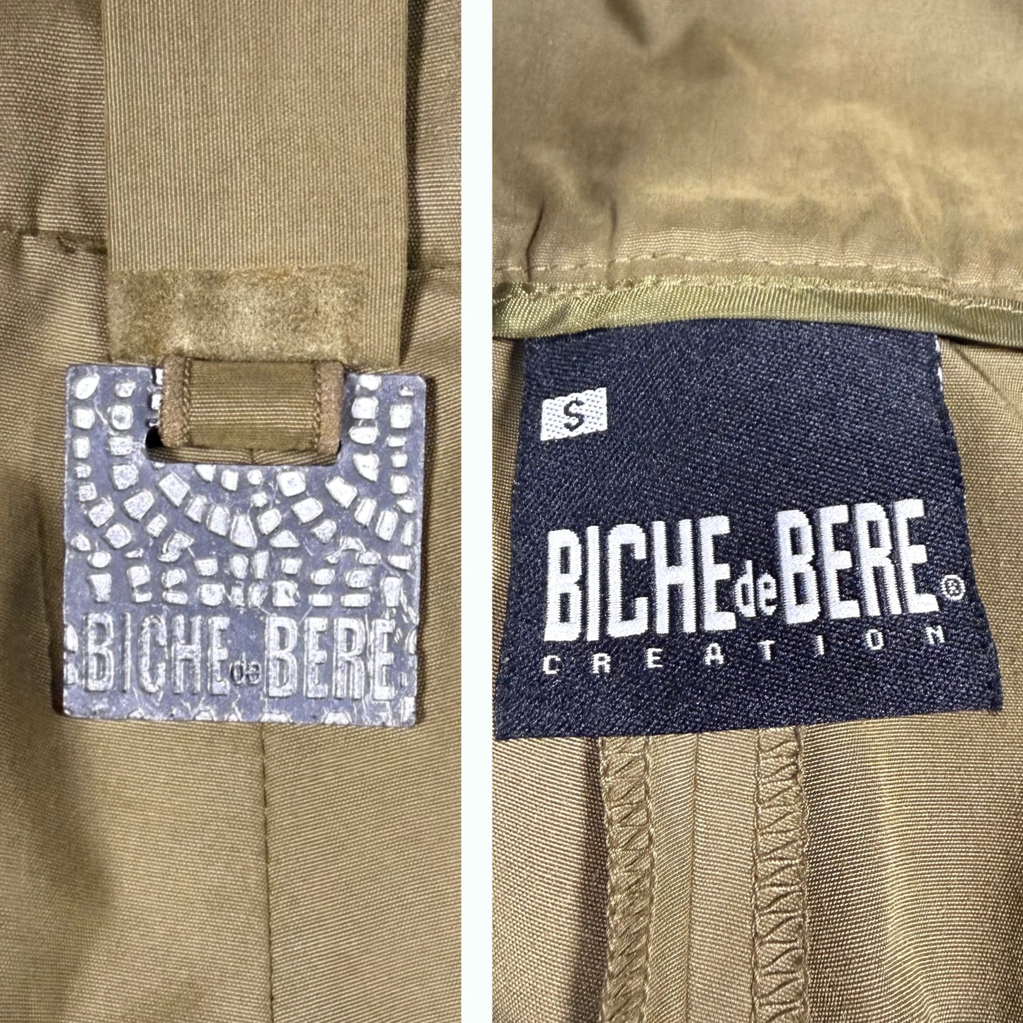 Close-up of a khaki garment showing two brand labels: a mosaic-patterned Biche de Bère tag on the left and a dark blue sewn-in Biche de Bère Creation label on the right.