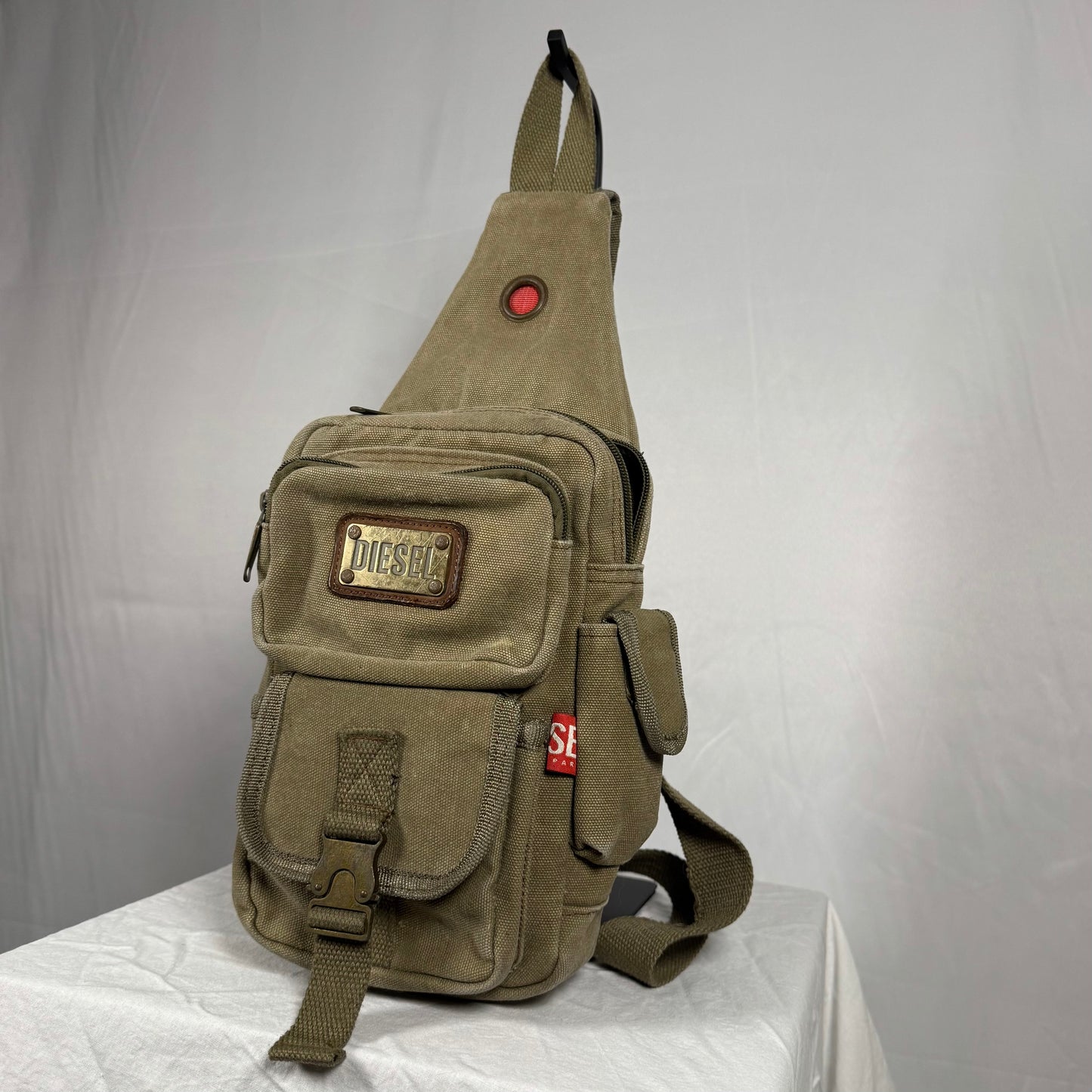 Vintage Diesel Y2K canvas sling bag khaki utility crossbody with cargo pockets