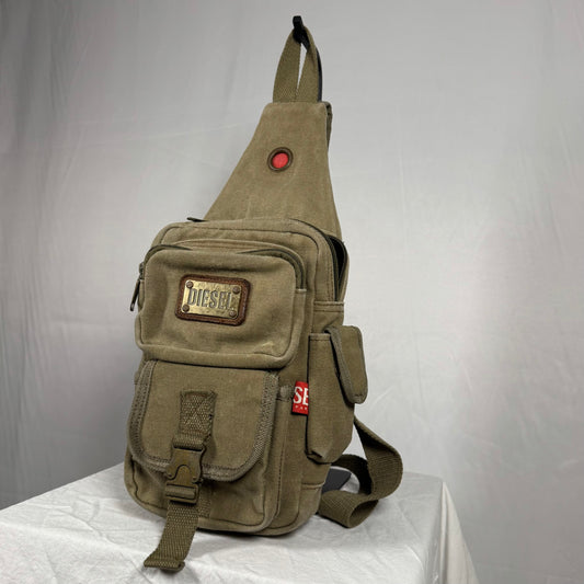 Vintage Diesel Y2K canvas sling bag khaki utility crossbody with cargo pockets