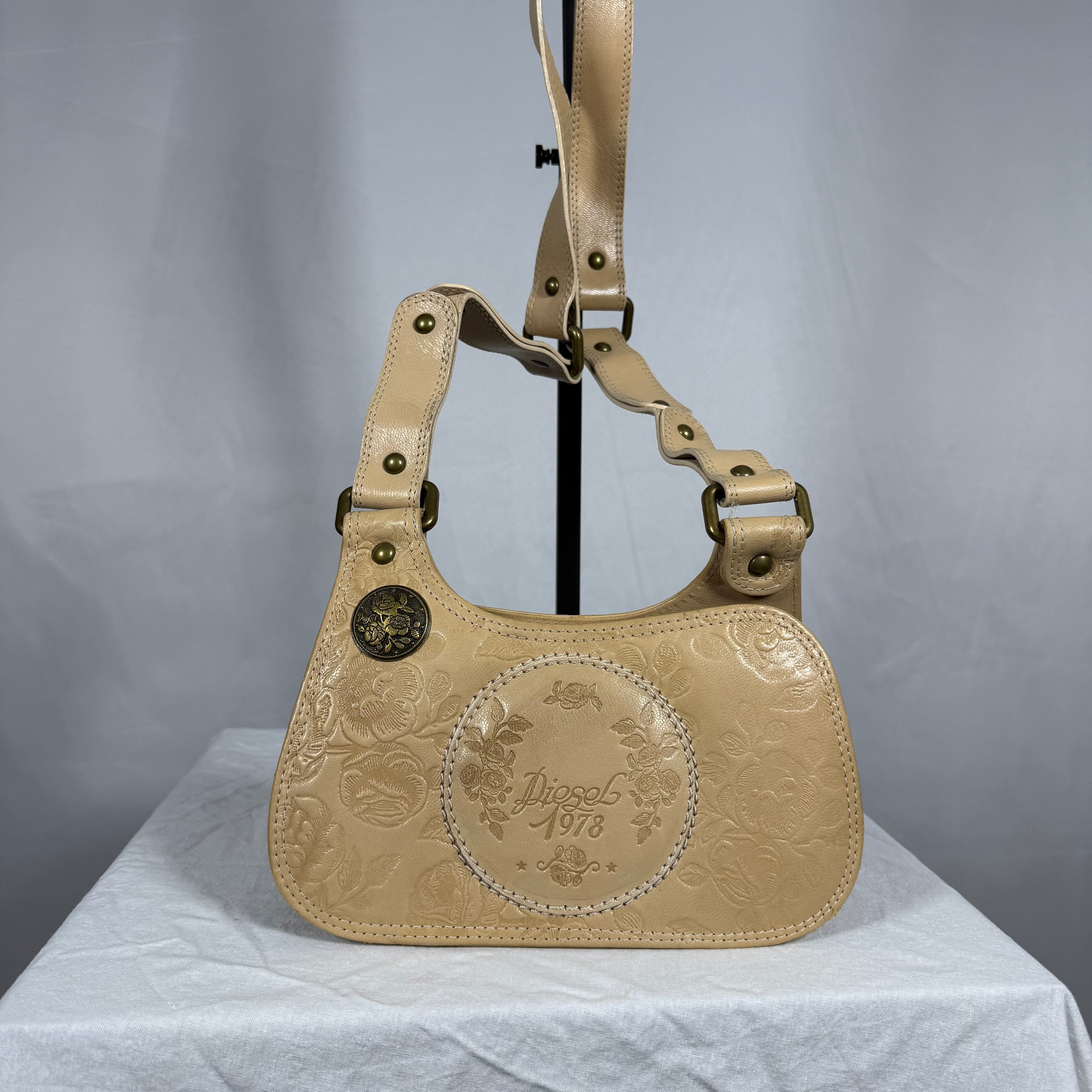 Y2K Vintage Diesel Embossed Leather Crossbody Bag – Floral Motif